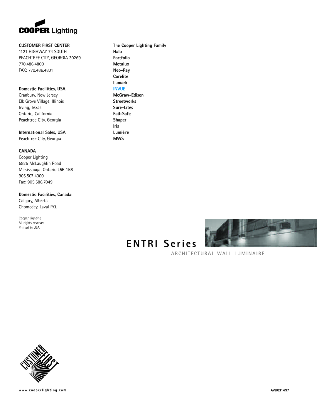 Cooper Lighting Entri Series manual Invue, Canada 