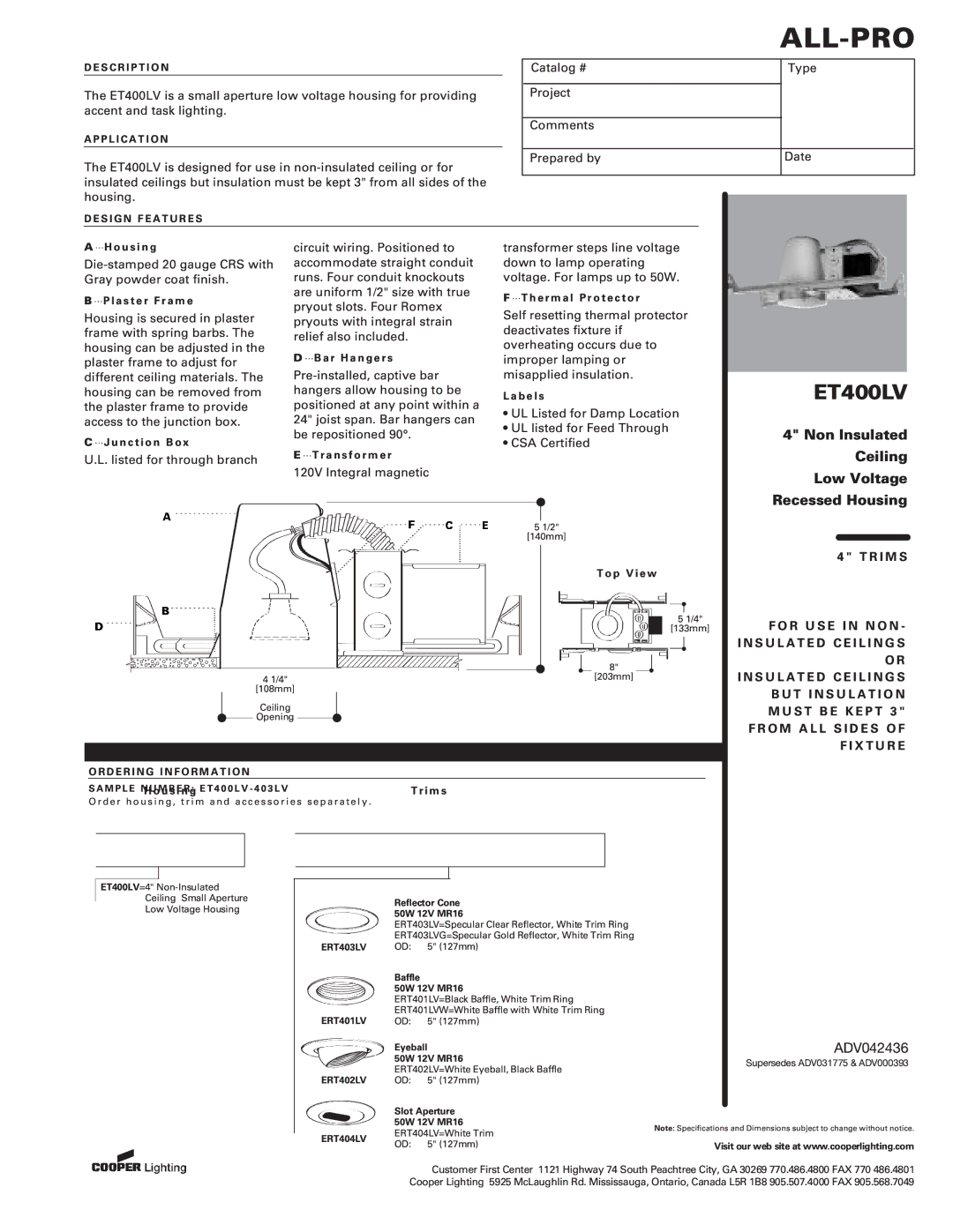 Cooper Lighting ET400LV manual , ,  ,  ,  
