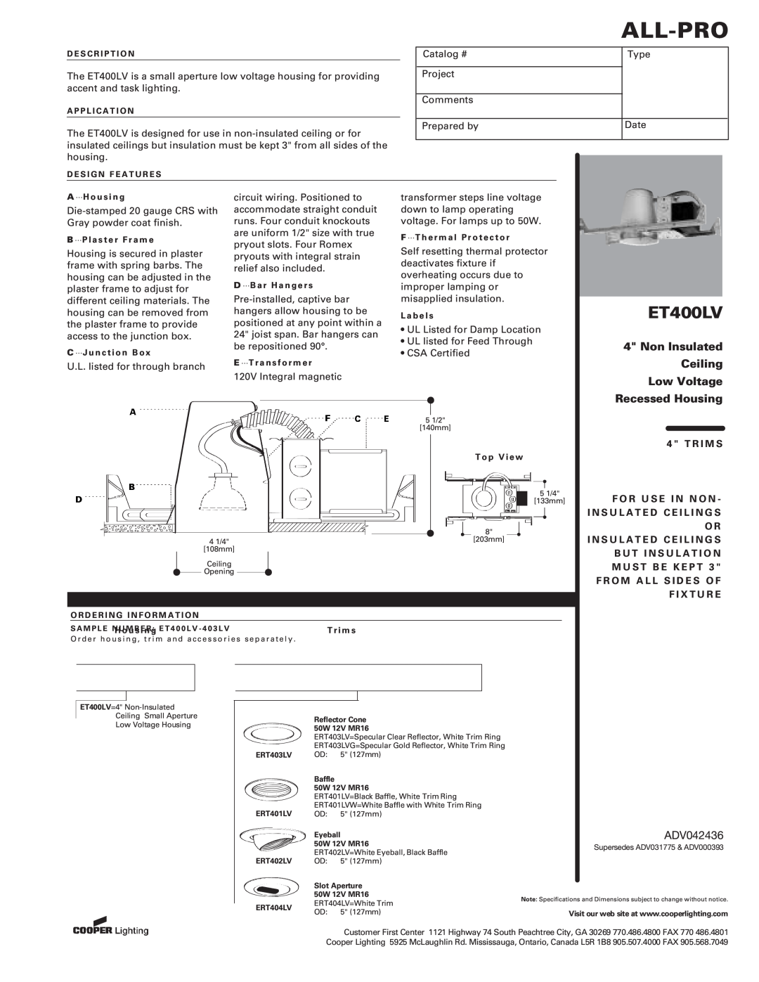 Cooper Lighting ET400LV manual , ,  ,  , ,  
