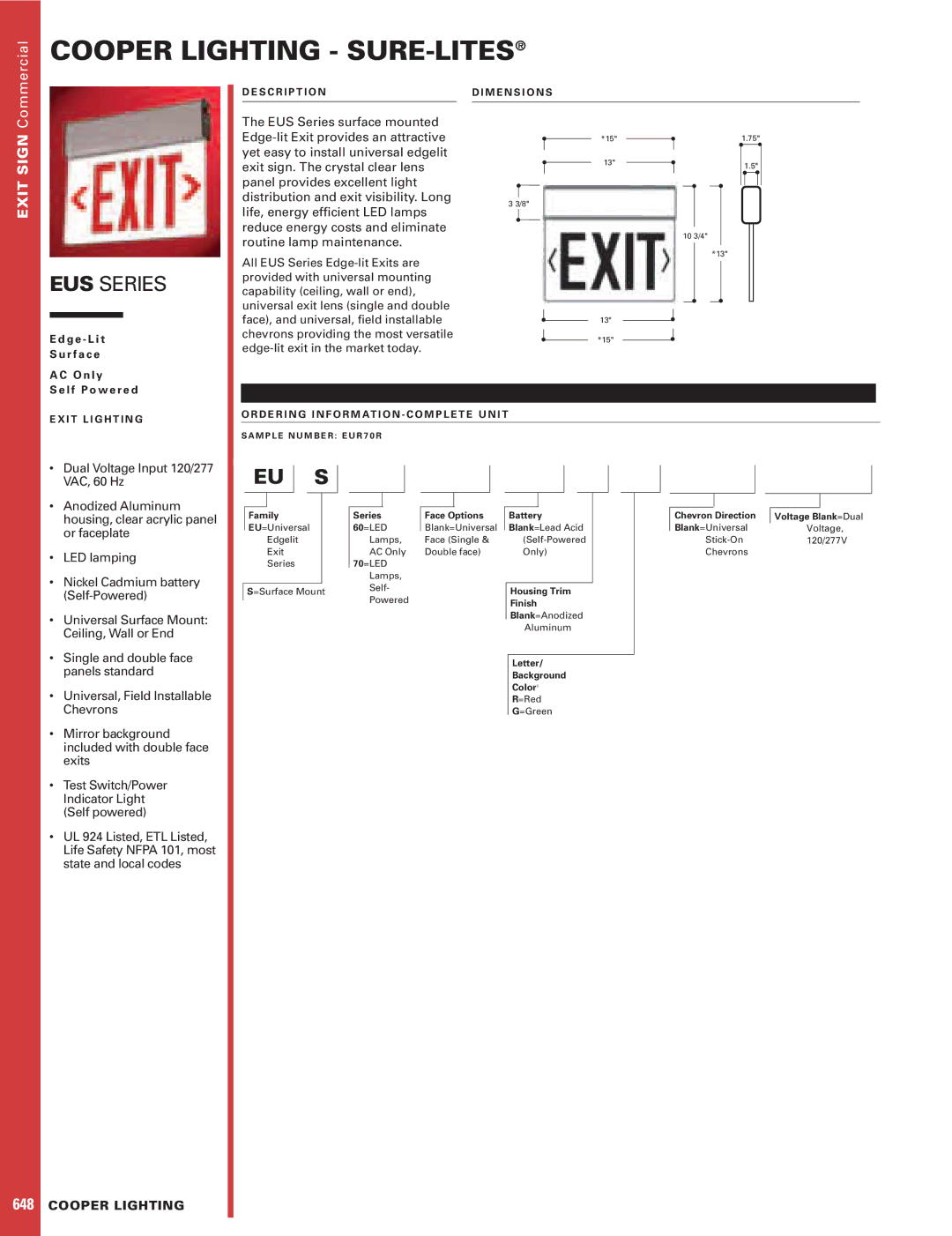 Cooper Lighting EUS Series dimensions Cooper Lighting SURE-LITES, Eu S, Exit Sign 