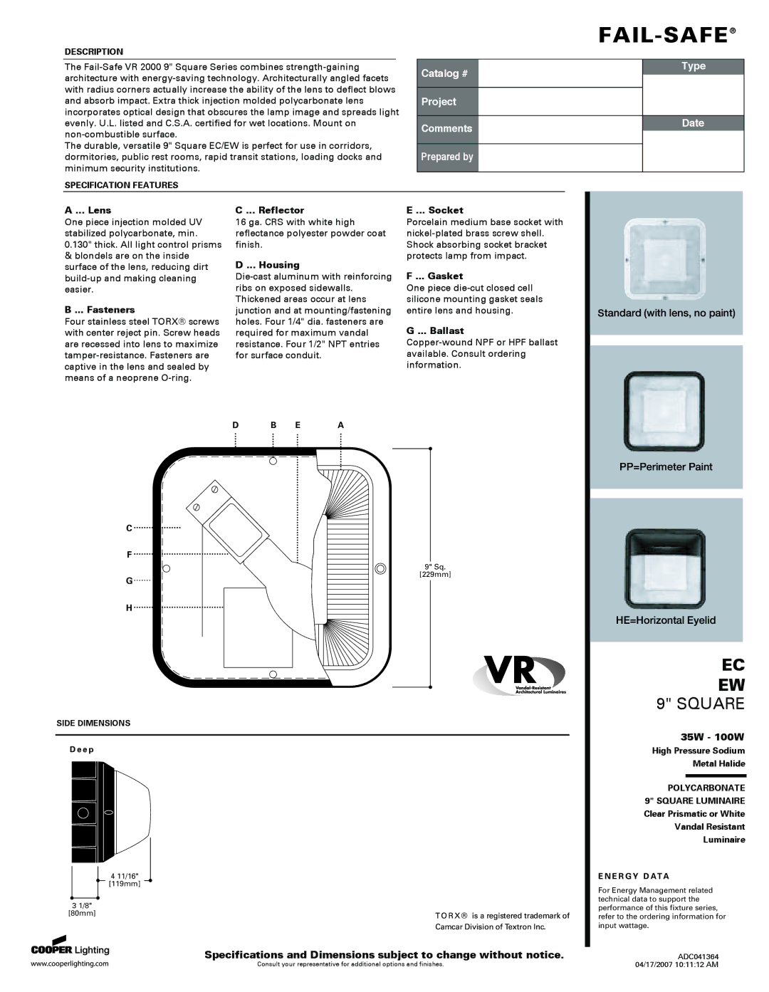 Cooper Lighting EC, EW specifications Lens, Fasteners, Reflector, Housing, Socket, Gasket, Ballast 