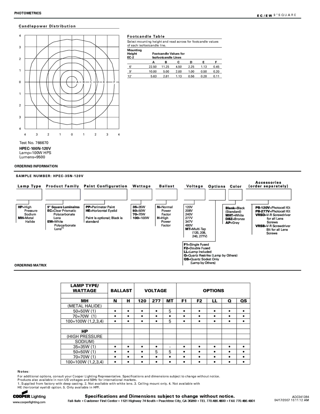 Cooper Lighting EW specifications HPEC-100N-120V, Photometrics, Ordering Information, Ordering Matrix 