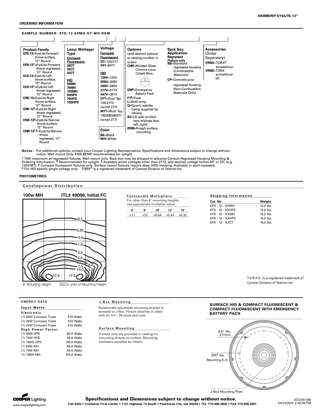 Cooper Lighting EYELITE 12 specifications Surface HID & Compact Fluorescent 