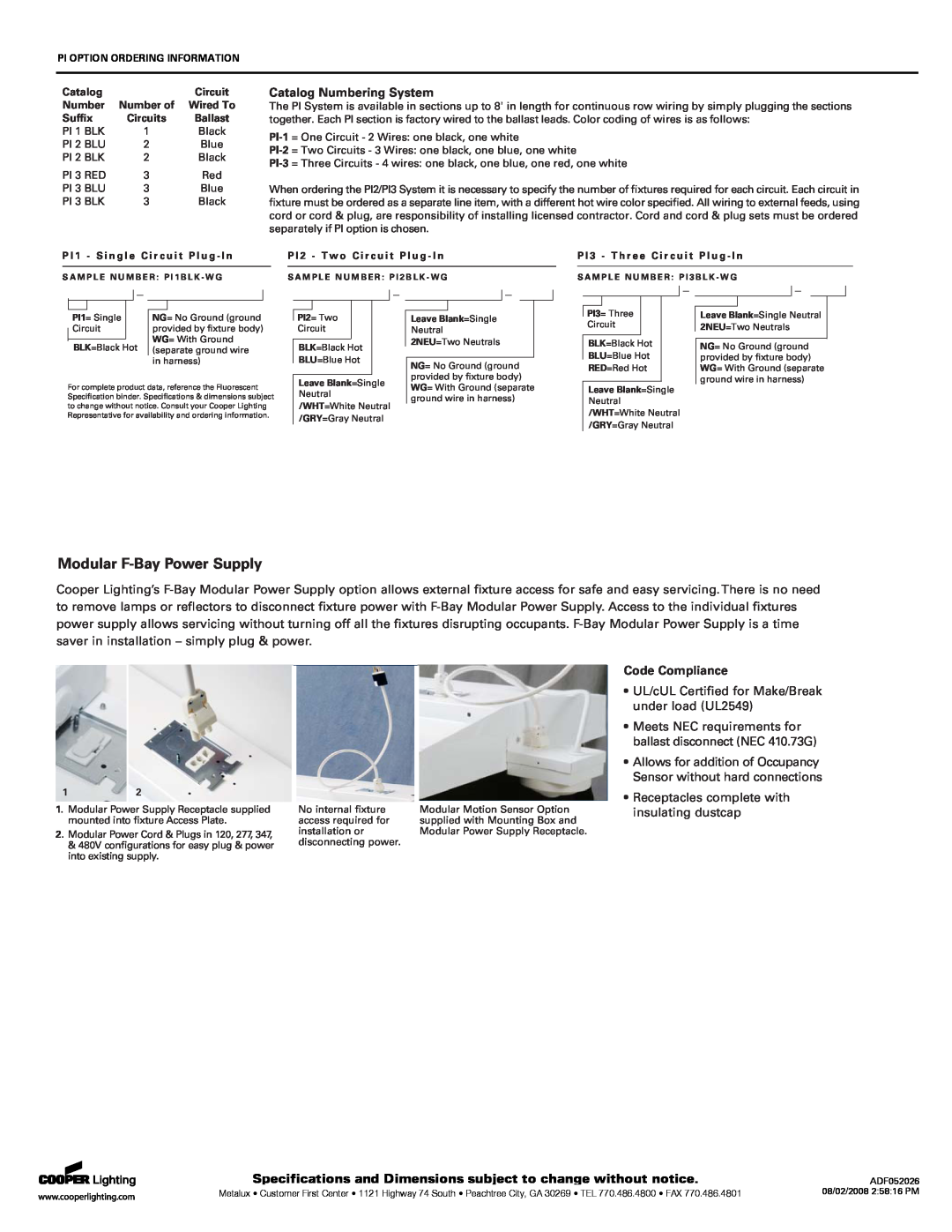 Cooper Lighting F-BAY I8 Catalog Numbering System, Code Compliance, Modular F-BayPower Supply, Wired To, Sufﬁx 