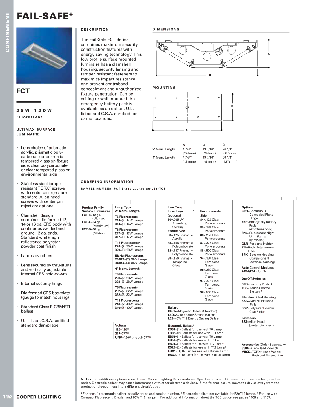 Cooper Lighting FCT dimensions Lens choice of prismatic, Acrylic, prismatic poly, Carbonate or prismatic, Clamshell design 