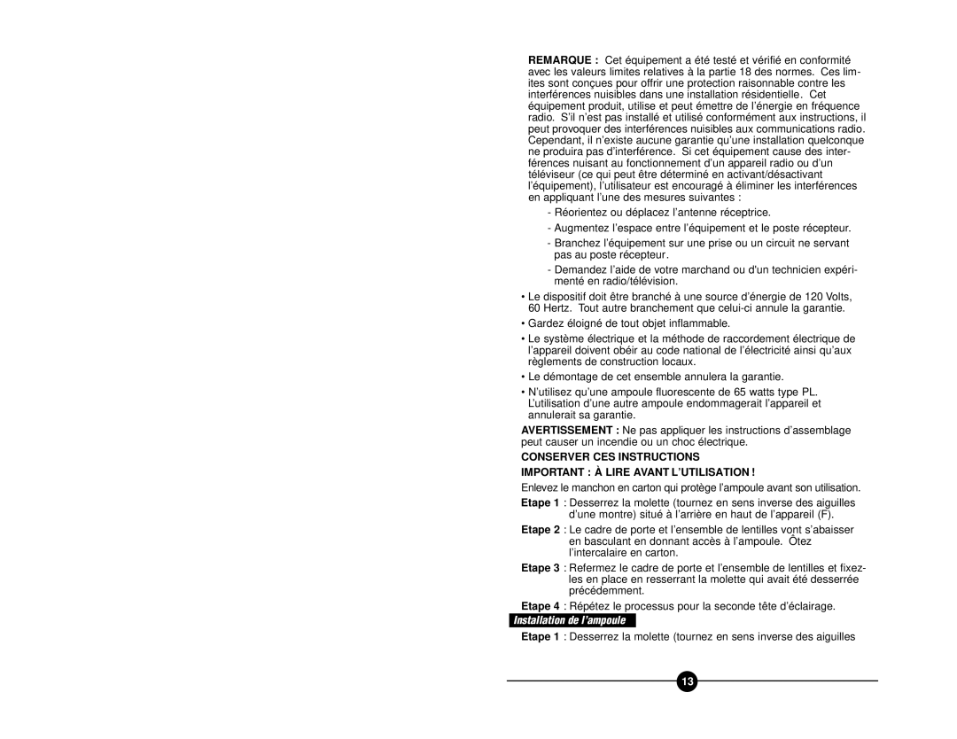 Cooper Lighting FCTS130 instruction manual Installation de l’ampoule 