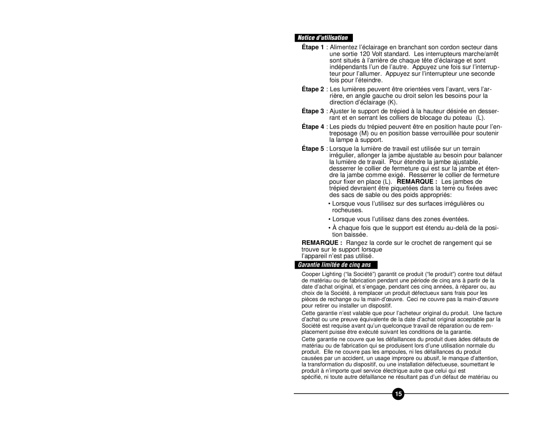 Cooper Lighting FCTS130 instruction manual Garantie limitée de cinq ans 