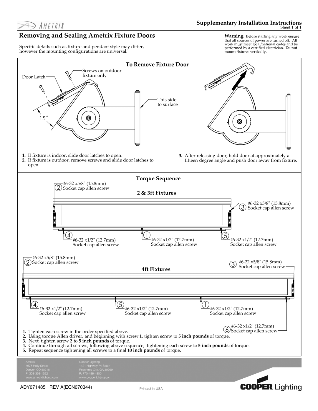 Cooper Lighting installation instructions Removing and Sealing Ametrix Fixture Doors, To Remove Fixture Door 