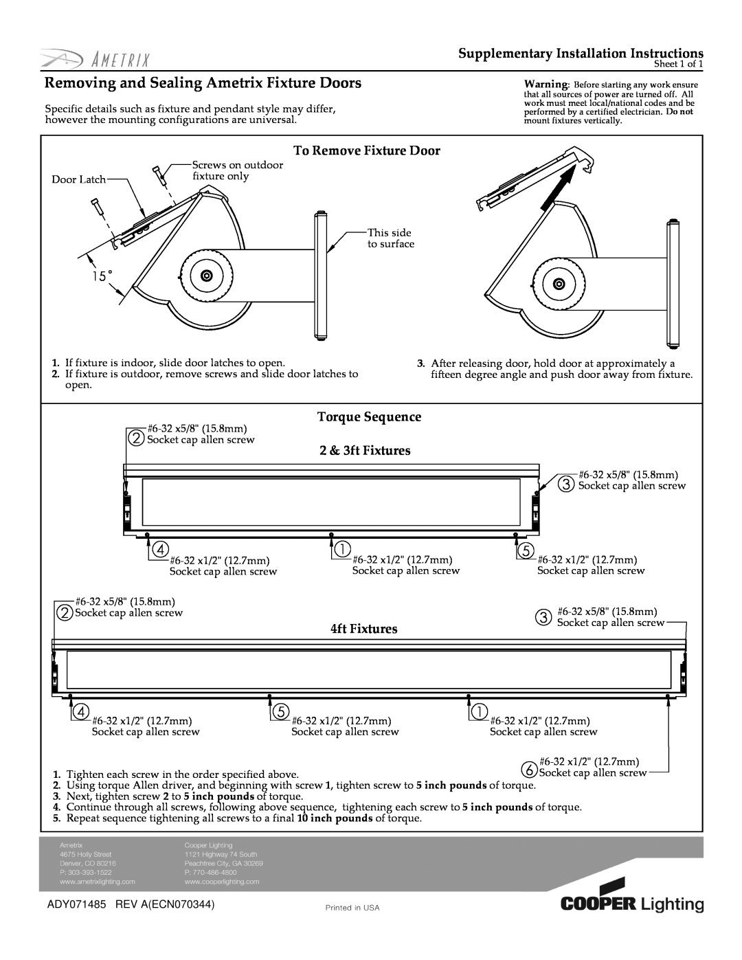 Cooper Lighting installation instructions Removing and Sealing Ametrix Fixture Doors, To Remove Fixture Door 