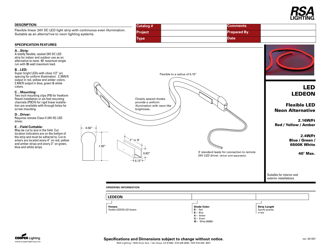 Cooper Lighting Flexible LED Neon Alternative specifications Description, Specification Features 