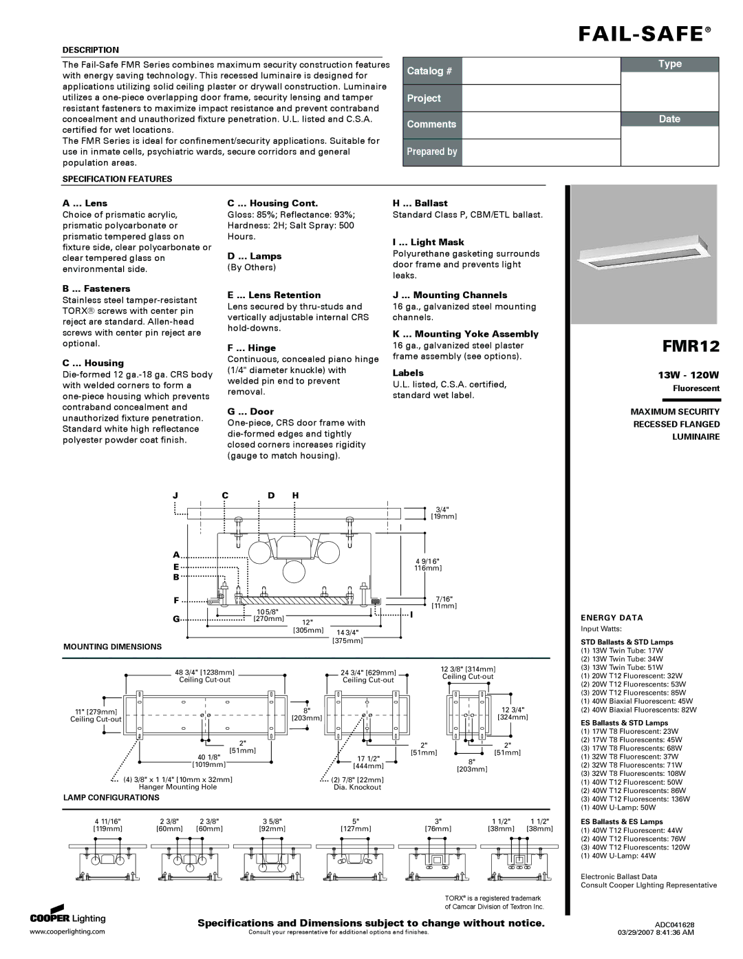 Cooper Lighting FMR12 specifications Fasteners, Housing, Lamps, Lens Retention, Hinge, Door, Ballast, Light Mask 