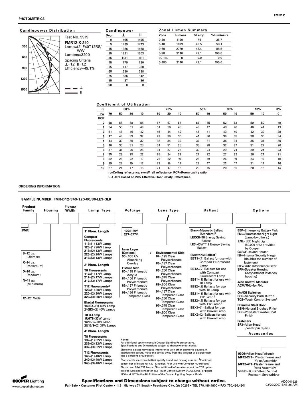 Cooper Lighting specifications FMR12-X-240, Photometrics, Ordering Information 