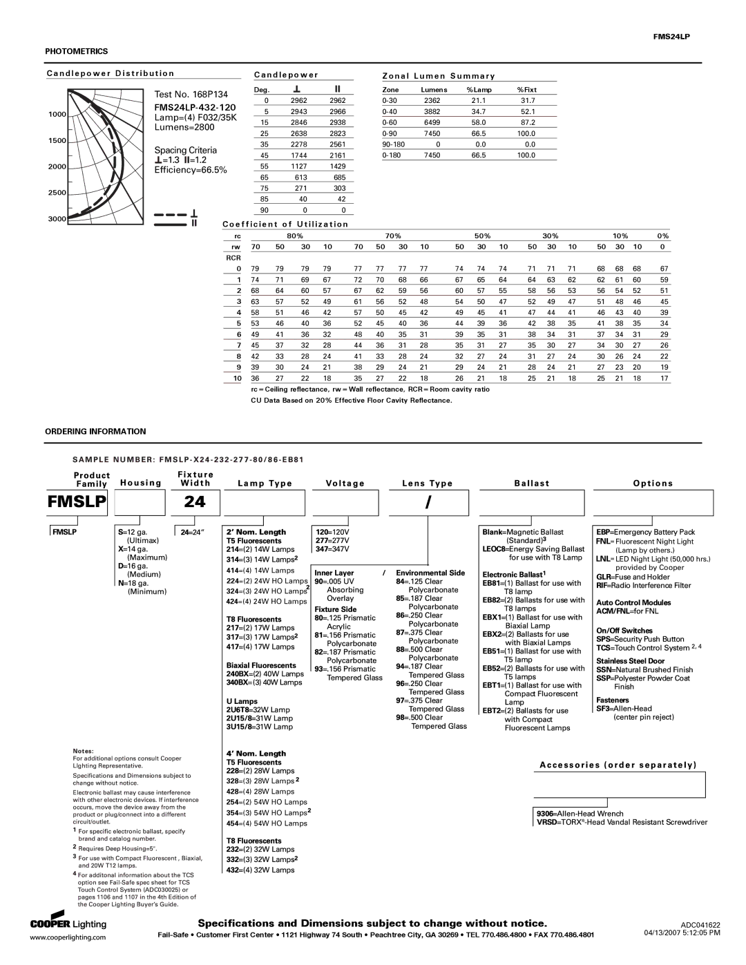 Cooper Lighting specifications FMS24LP-432-120, Photometrics, Ordering Information, Rcr 