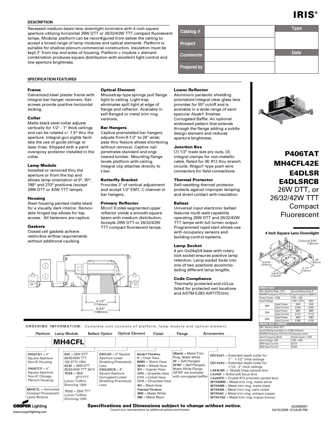 Cooper Lighting FMWCC37, FMWCC34 specifications P406TAT, MH4CFL42E, E4DLSRCB 