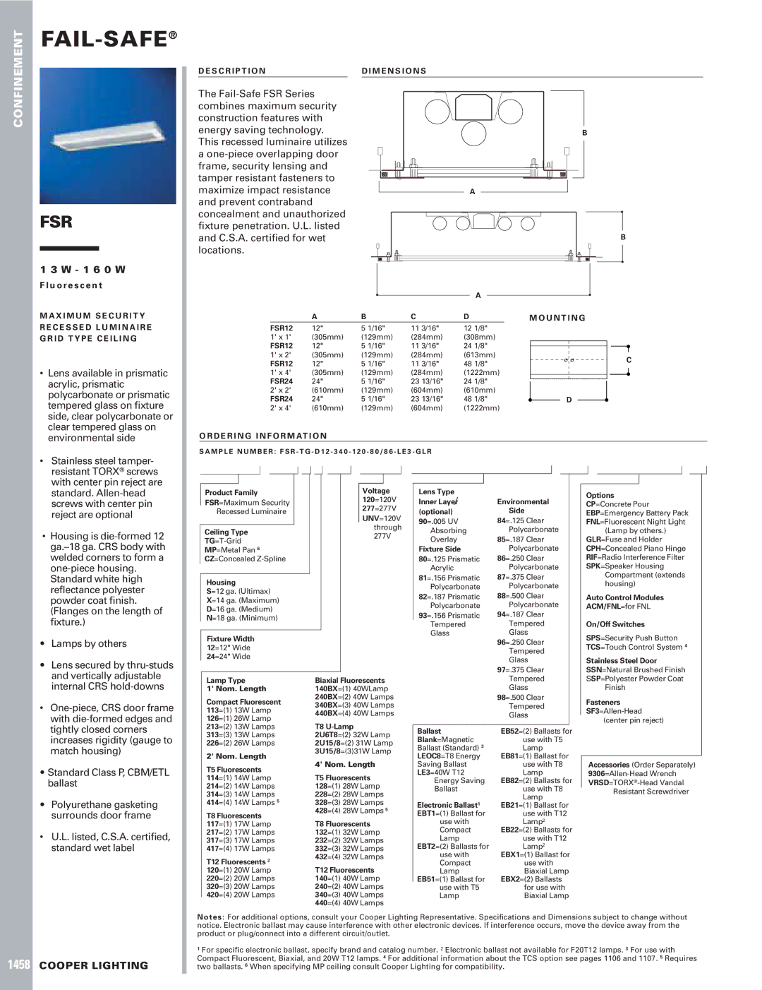 Cooper Lighting FSR dimensions Lens available in prismatic, Acrylic, prismatic, Polycarbonate or prismatic, ﬁxture 