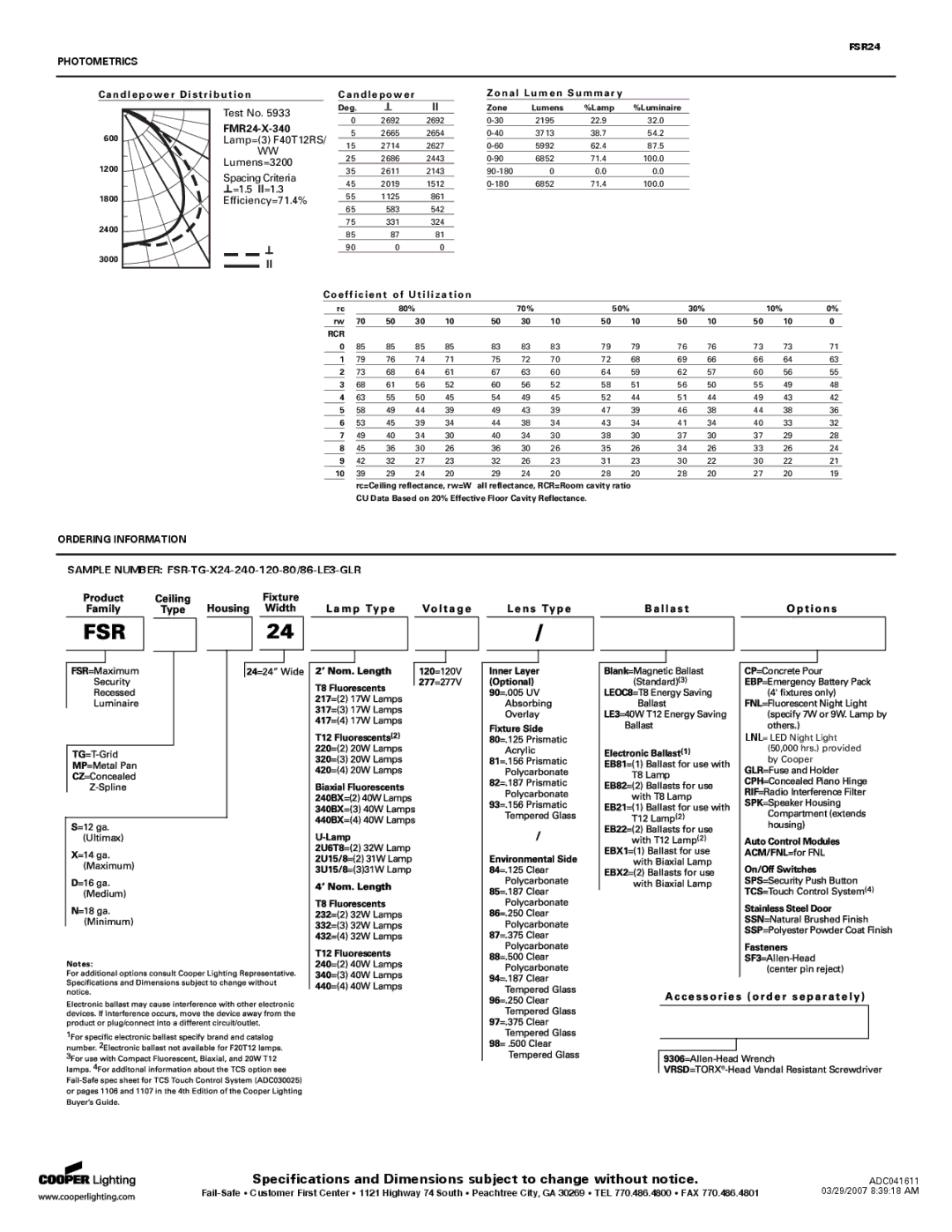 Cooper Lighting FSR24 specifications Photometrics, Ordering Information, Candlepower Distribution Zonal Lumen Summary 