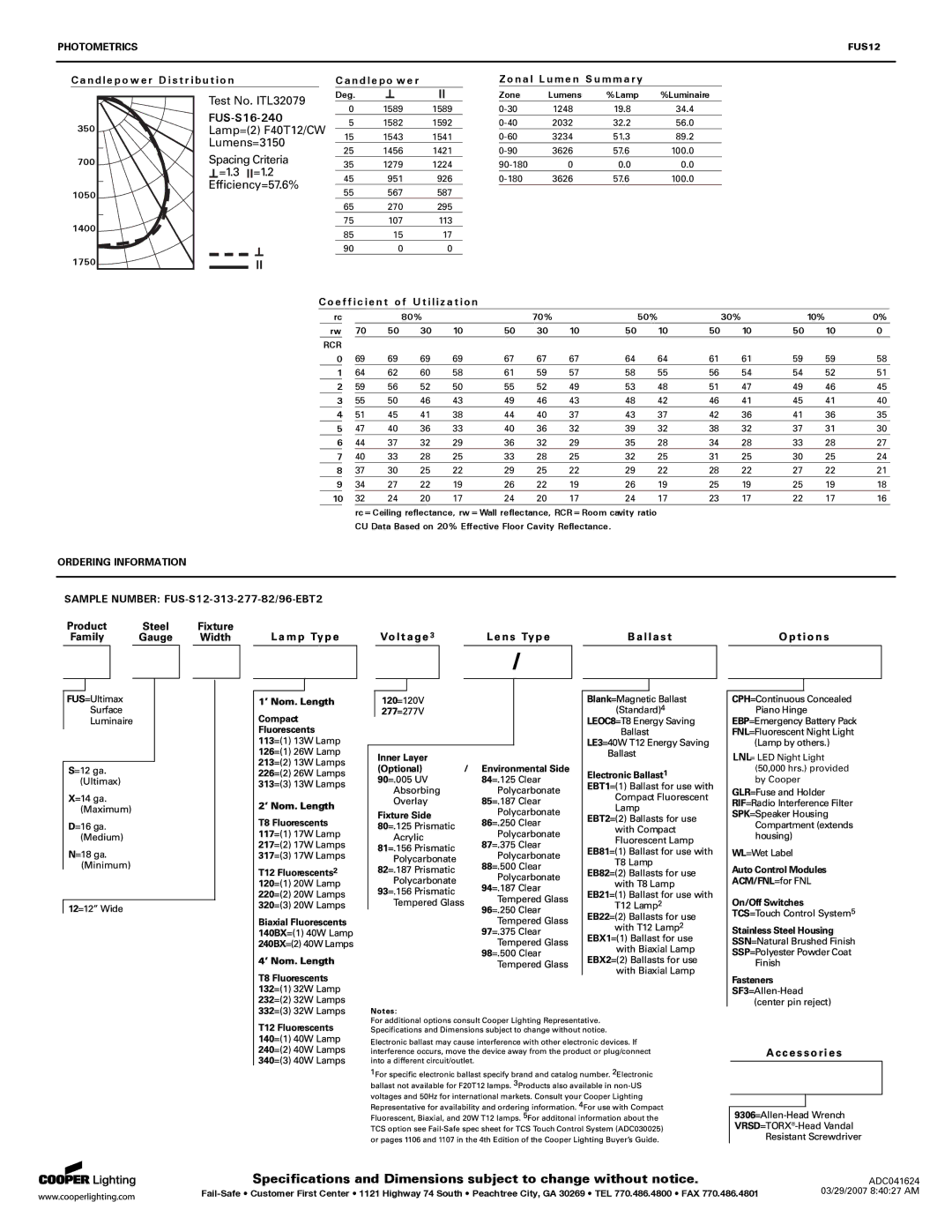 Cooper Lighting FUS12 specifications FUS-S16-240, Photometrics, Ordering Information 