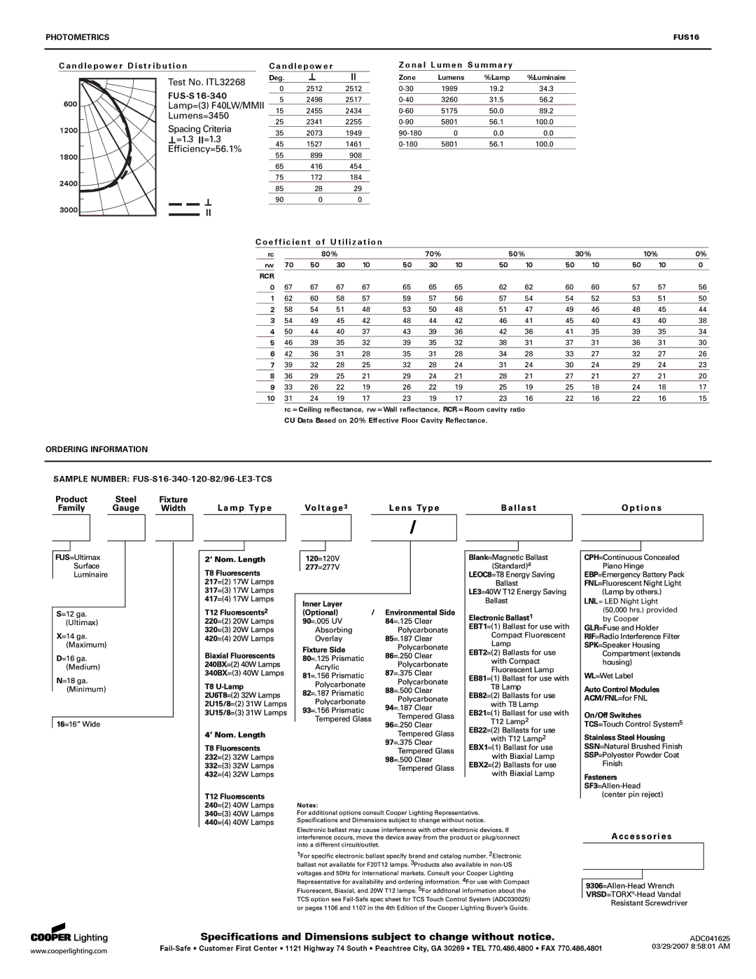 Cooper Lighting FUS16 specifications FUS-S16-340, Photometrics, Ordering Information 