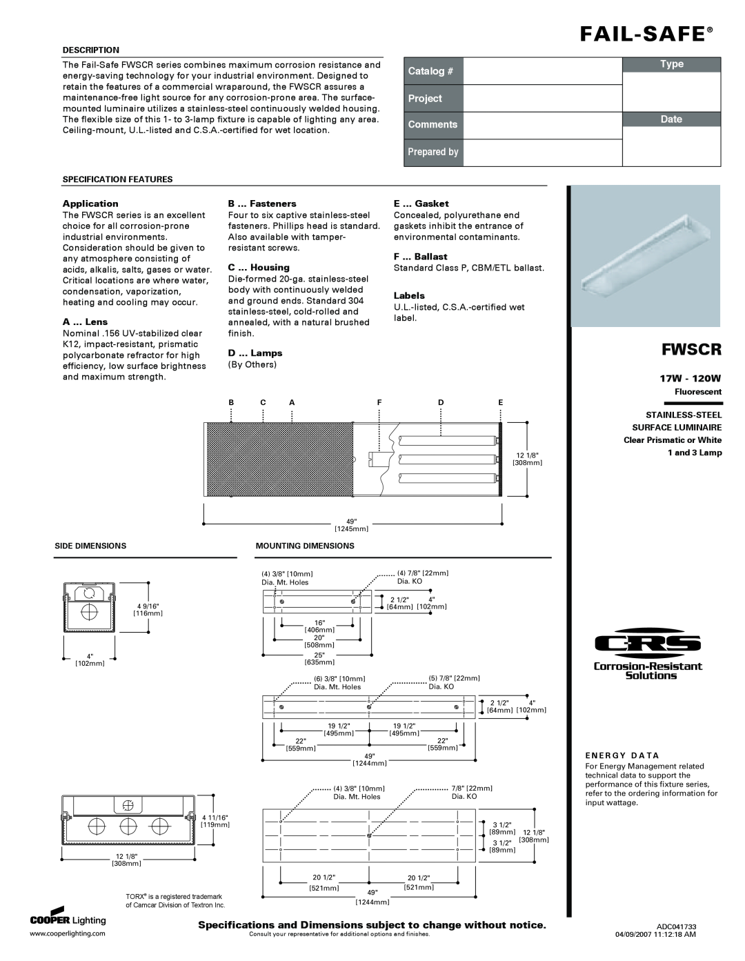 Cooper Lighting FWSCR specifications 17W - 120W, Application, A ... Lens, B ... Fasteners, C ... Housing, D ... Lamps 