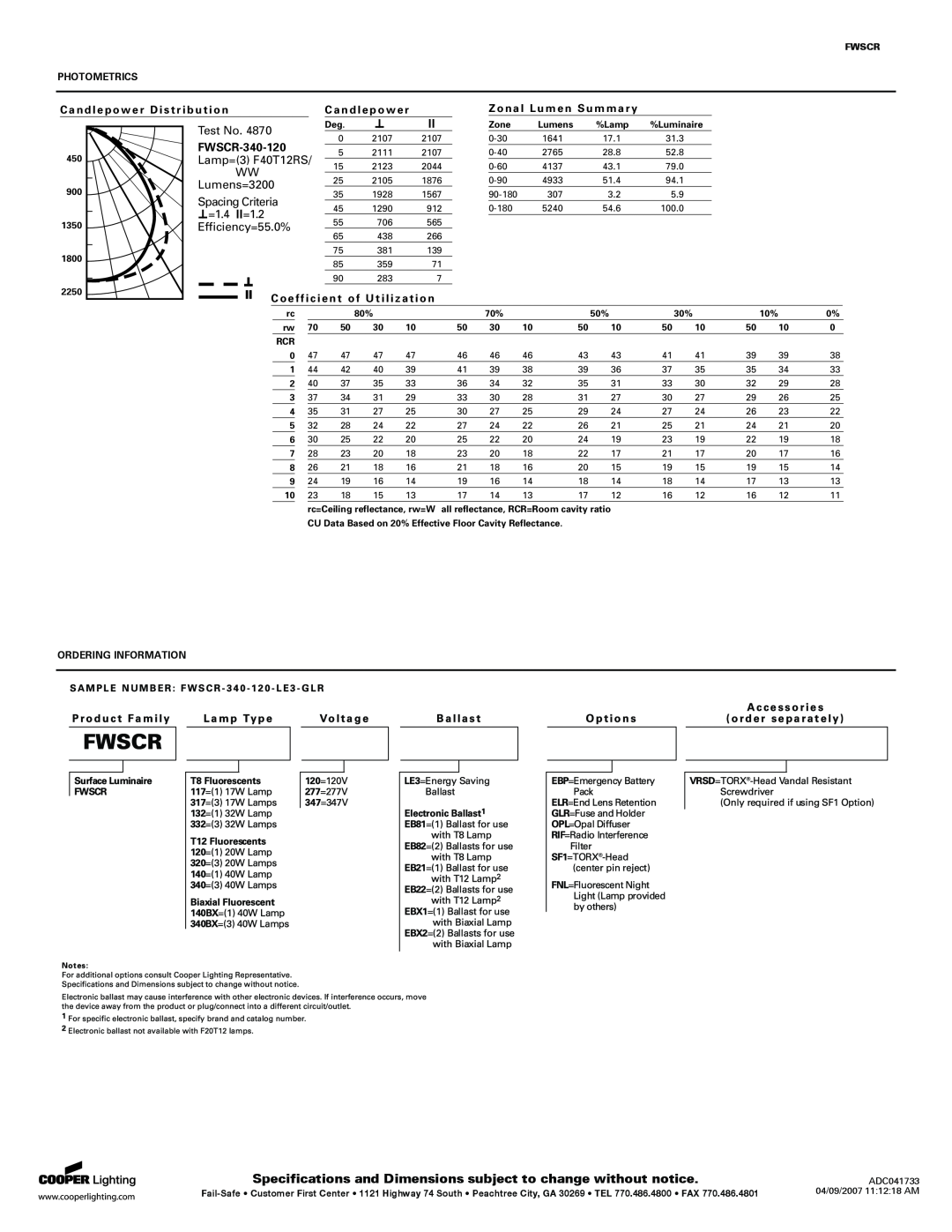 Cooper Lighting FWSCR-340-120, Photometrics, Candlepower Distribution, Zonal Lumen Summary, =1.4, Ordering Information 