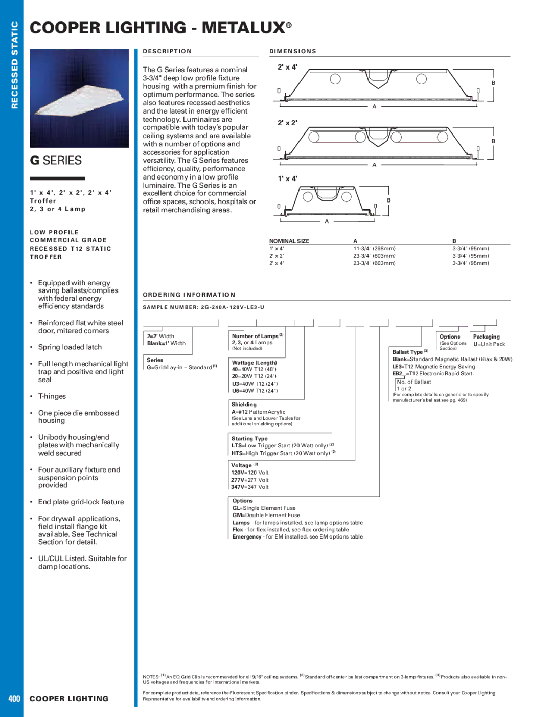 Cooper Lighting G SERIES dimensions Cooper Lighting Metalux, Series, 400 