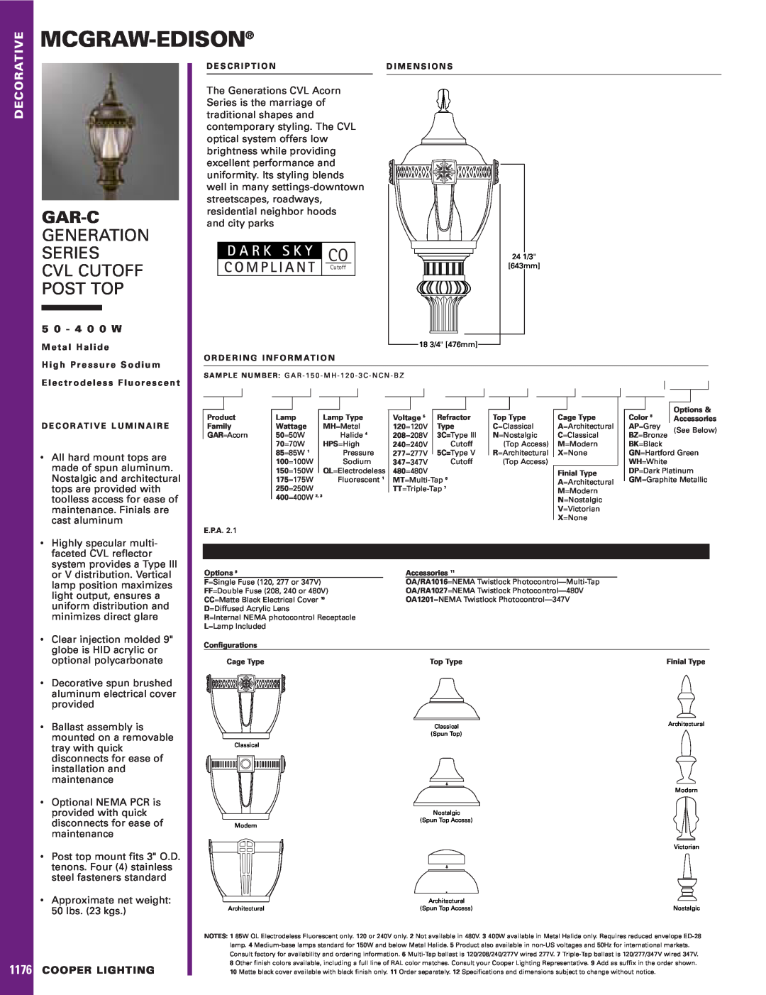 Cooper Lighting GAR-C dimensions Mcgraw-Edison, Gar-C, Generation Series Cvl Cutoff Post Top, D A R K S K Y Co, 1176 