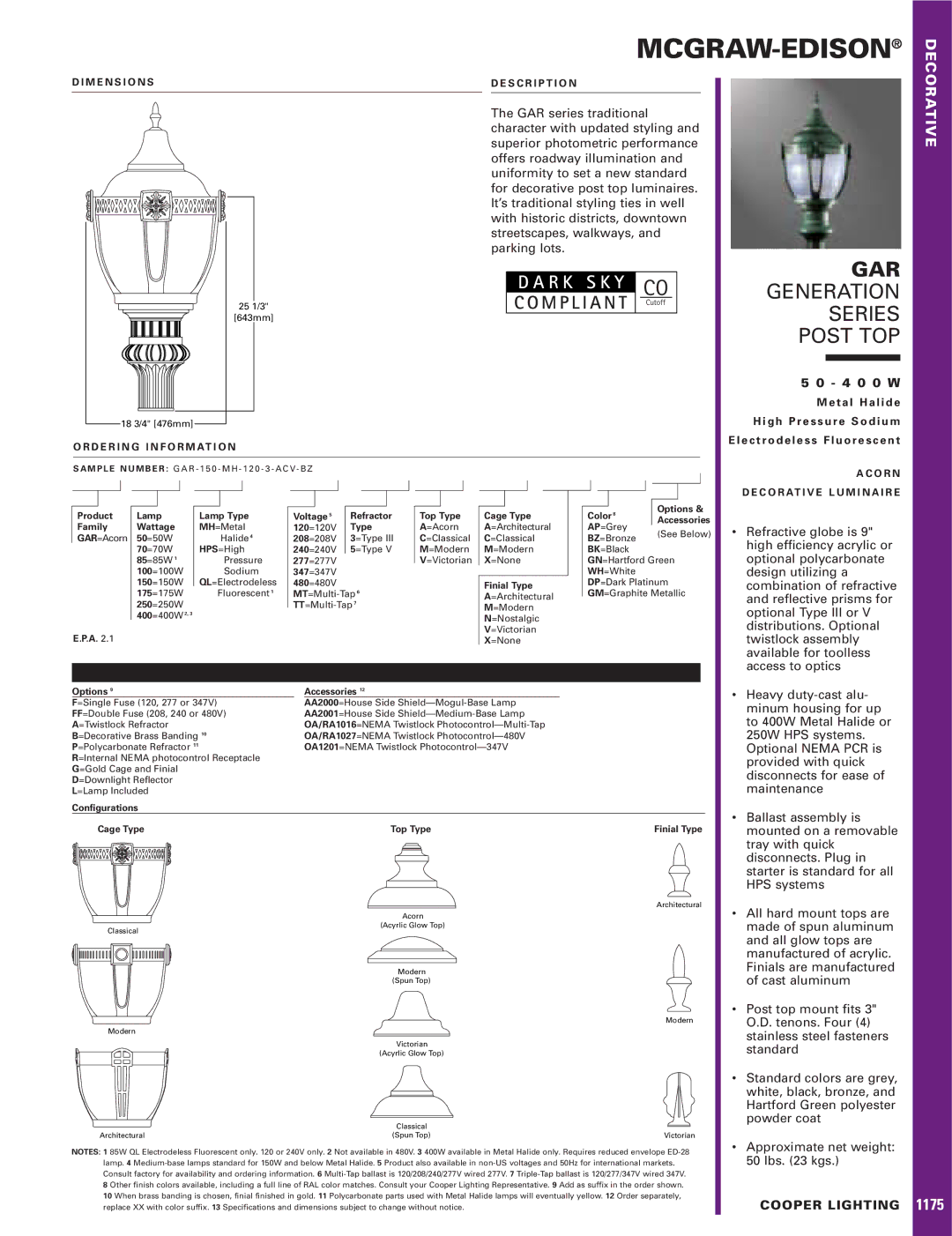 Cooper Lighting dimensions Mcgraw-Edison, GAR Generation Series Post TOP 