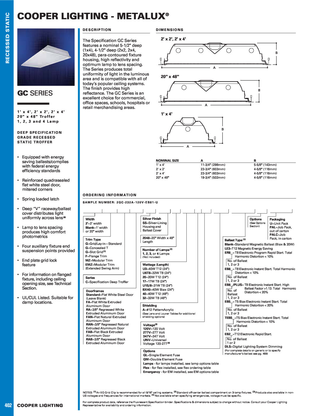 Cooper Lighting GC SERIES specifications Cooper Lighting - Metalux, Gc Series, Static, Recessed, 2 x 2, 2 