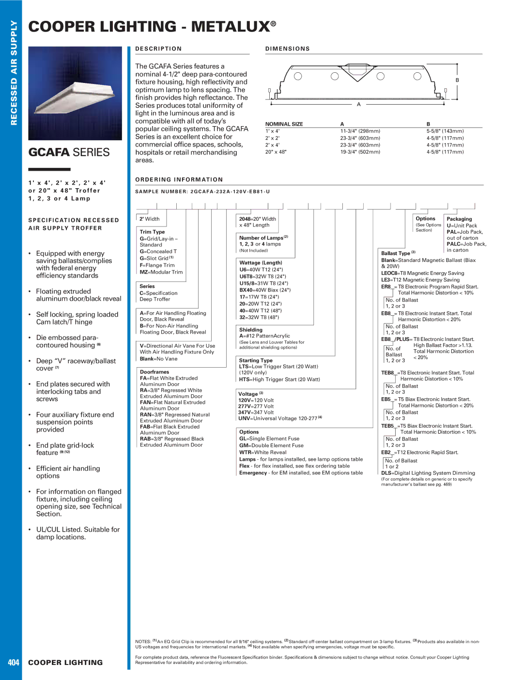 Cooper Lighting GCAFA Series dimensions Trim Type, Doorframes, Number of Lamps2 1, 2, 3 or 4 lamps, Wattage Length, Carton 