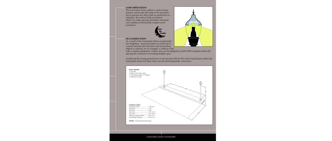 Cooper Lighting Generation Series specifications Lamp Orientation, Construction Standard 