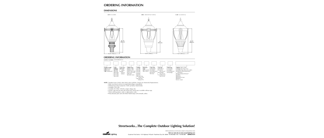 Cooper Lighting Generation Series Dimensions, Ordering Information, Streetworks...The Complete Outdoor Lighting Solution 