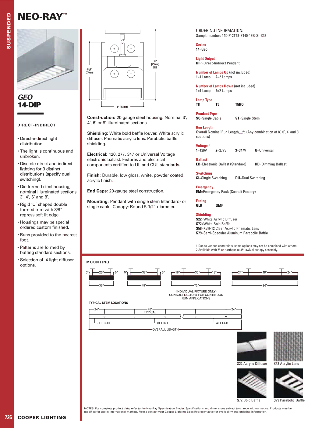 Cooper Lighting Geo 14-DIP specifications Neo-Ray, GEO 14-DIP, Ordering Information, T5HO, Glr Gmf 