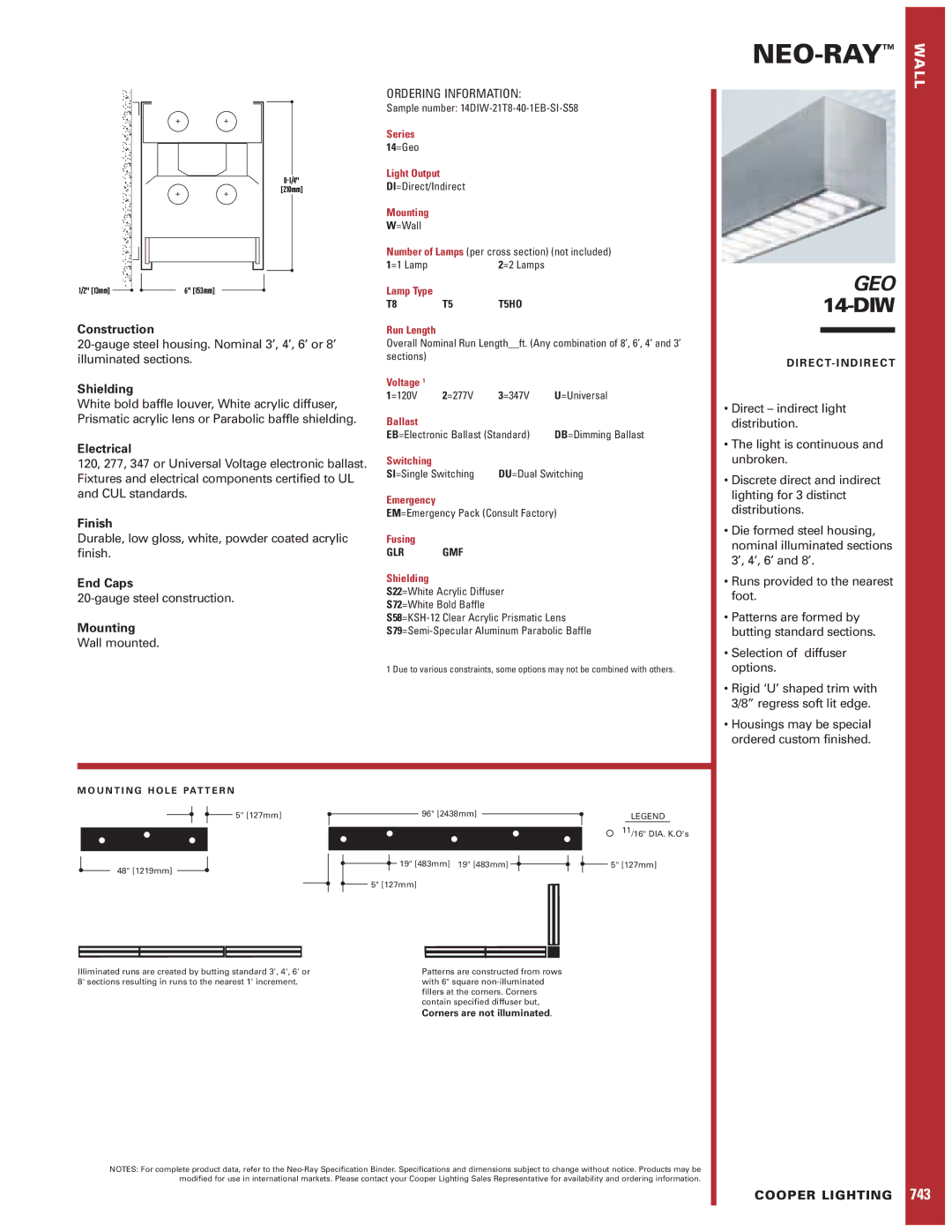 Cooper Lighting Geo 14-DIW specifications Construction, Shielding, Electrical, Finish, End Caps, Mounting 