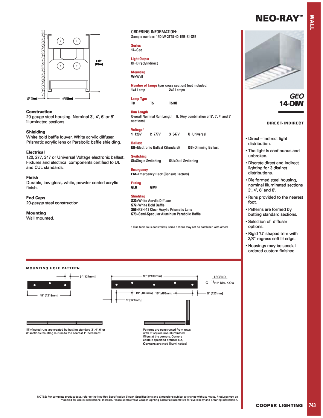 Cooper Lighting Geo 14-DIW specifications Neo-Ray, GEO 14-DIW, Construction, Shielding, Electrical, Finish, End Caps 