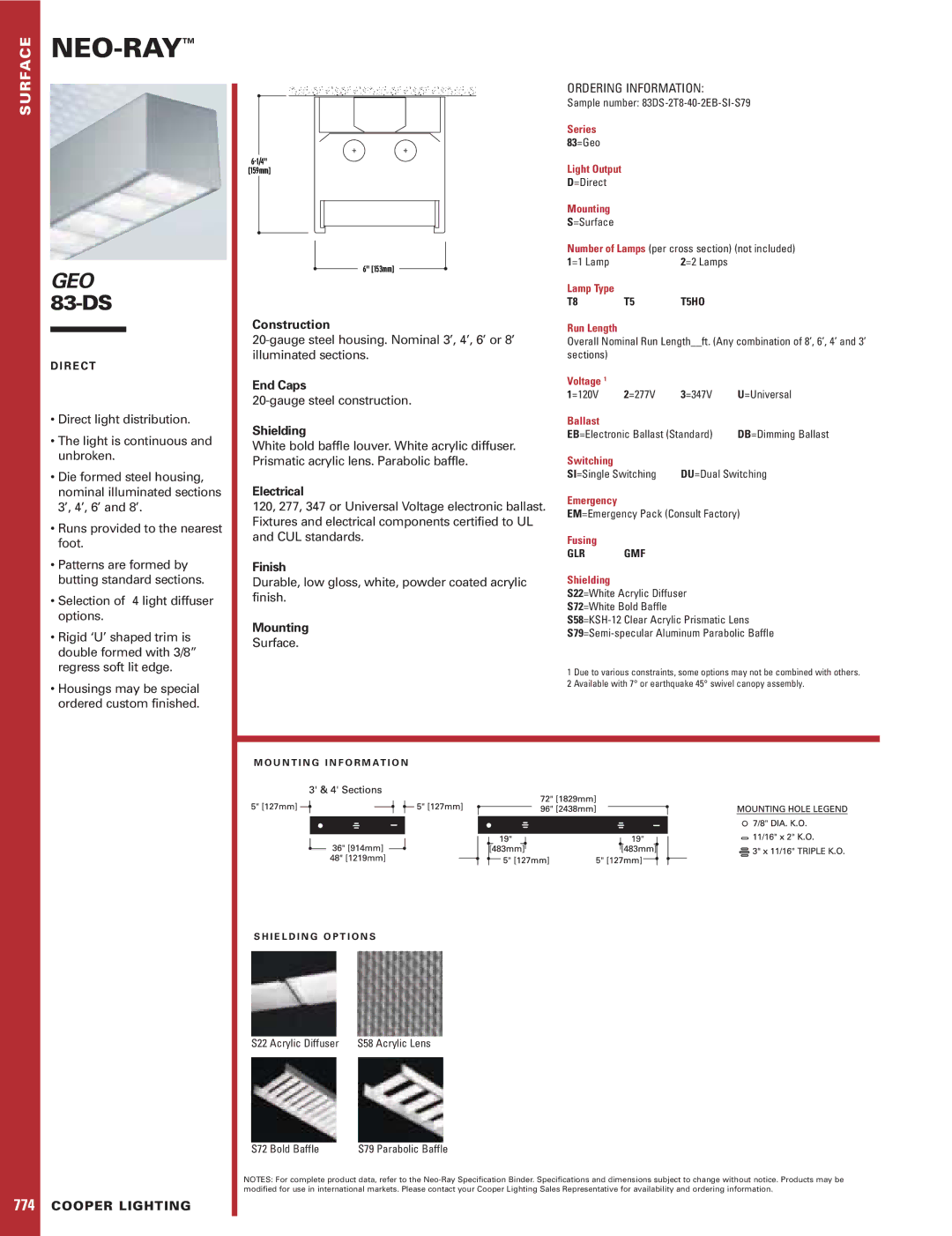 Cooper Lighting GEO 83-DS specifications Construction, End Caps, Shielding, Electrical, Finish, Mounting 