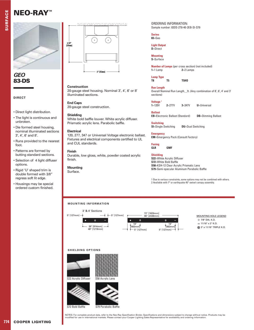 Cooper Lighting GEO 83-DS specifications Neo-Ray, Construction, End Caps, Shielding, Electrical, Finish, Mounting 