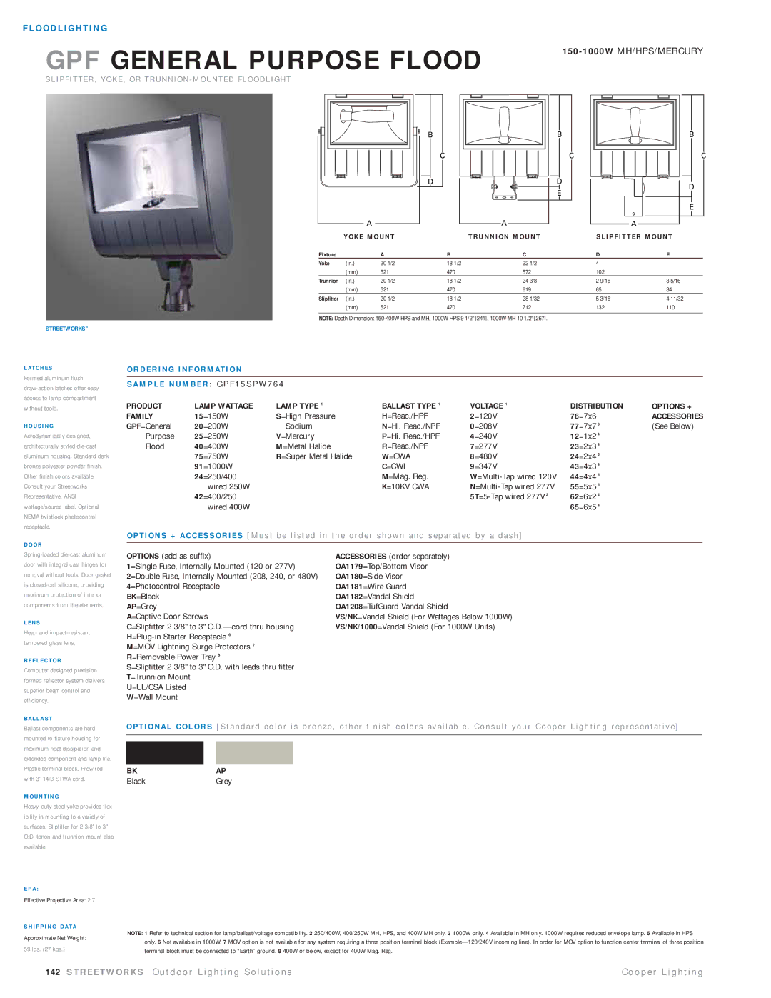Cooper Lighting GPF15SPW764 manual 150-1000W MH/HPS/MERCURY, 15=150W =High Pressure =Reac./HPF =120V 76=7x6, Bkap 