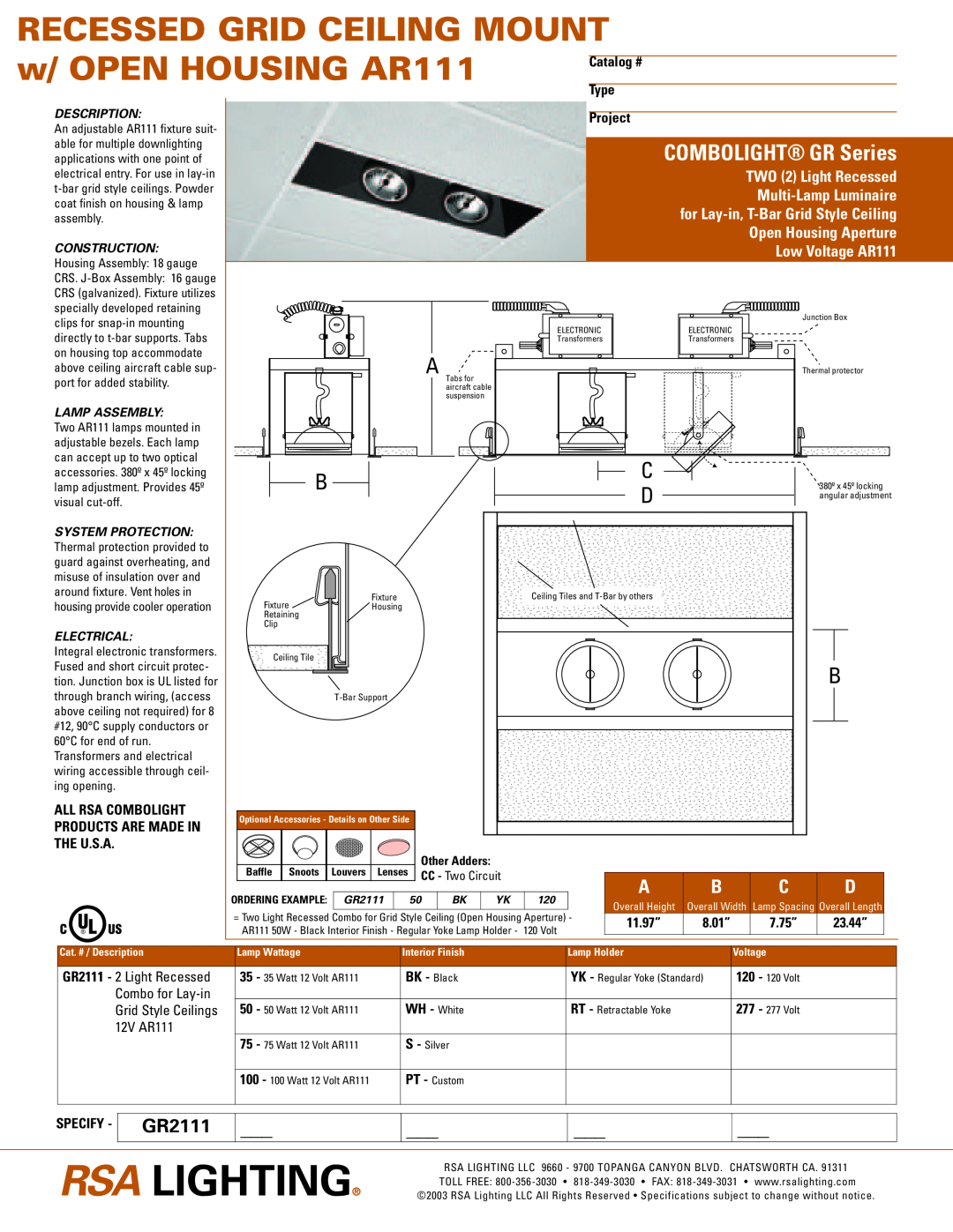 Cooper Lighting GR2111 specifications Recessed Grid Ceiling Mount, w/ OPEN HOUSING AR111, COMBOLIGHT GR Series, Catalog # 