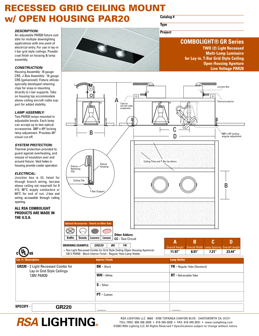 Cooper Lighting GR220 specifications Description, Construction, Lamp Assembly, Electrical 