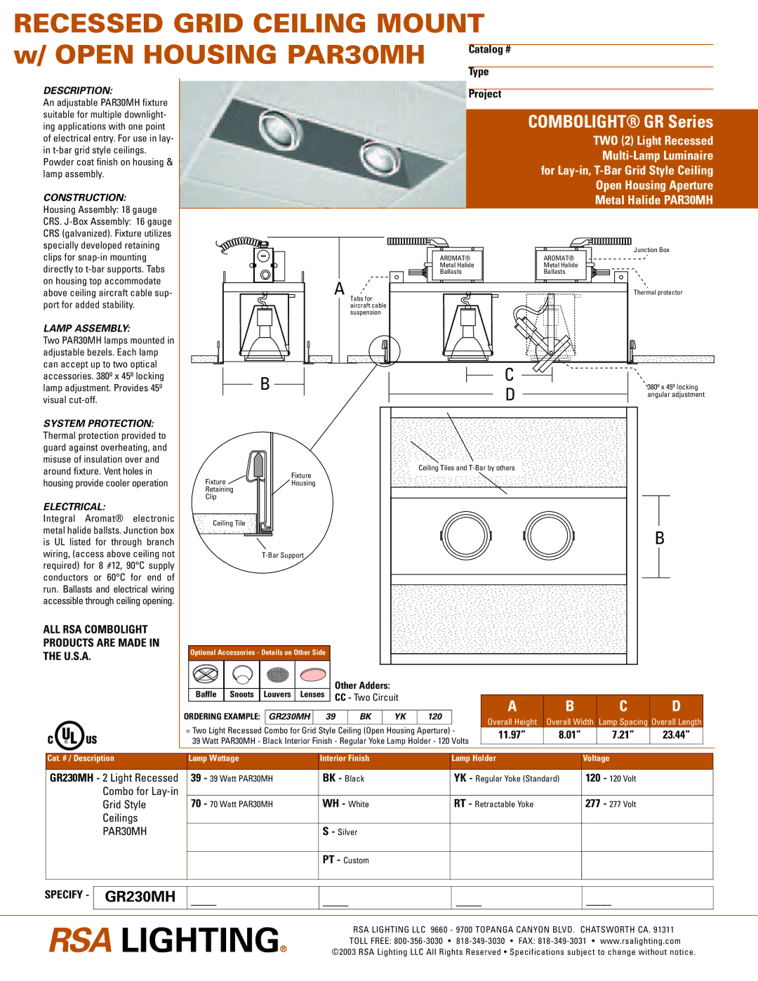 Cooper Lighting GR230MH specifications Description, Construction, Lamp Assembly, Electrical 