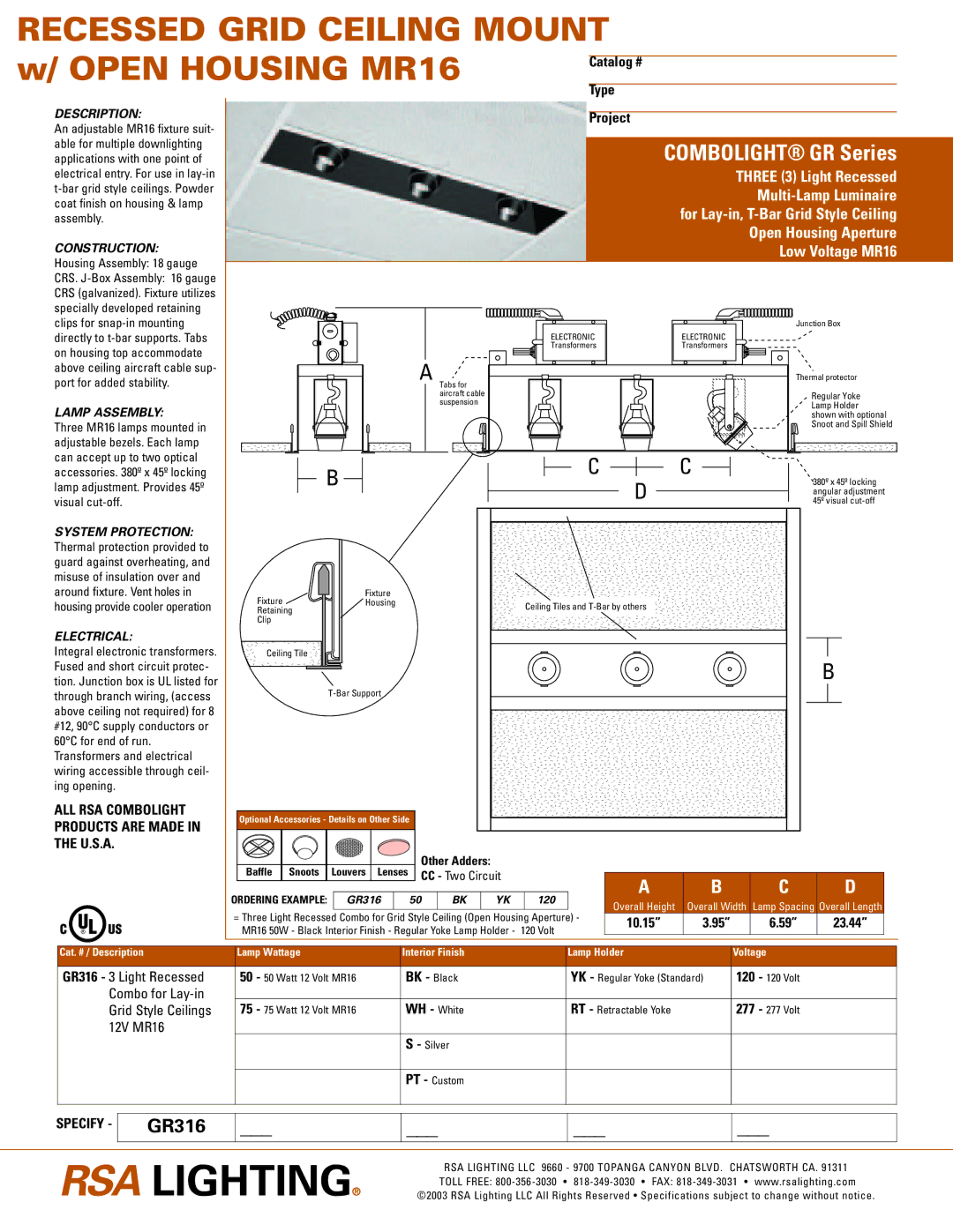 Cooper Lighting GR316 specifications Description, Construction, Lamp Assembly, Electrical 