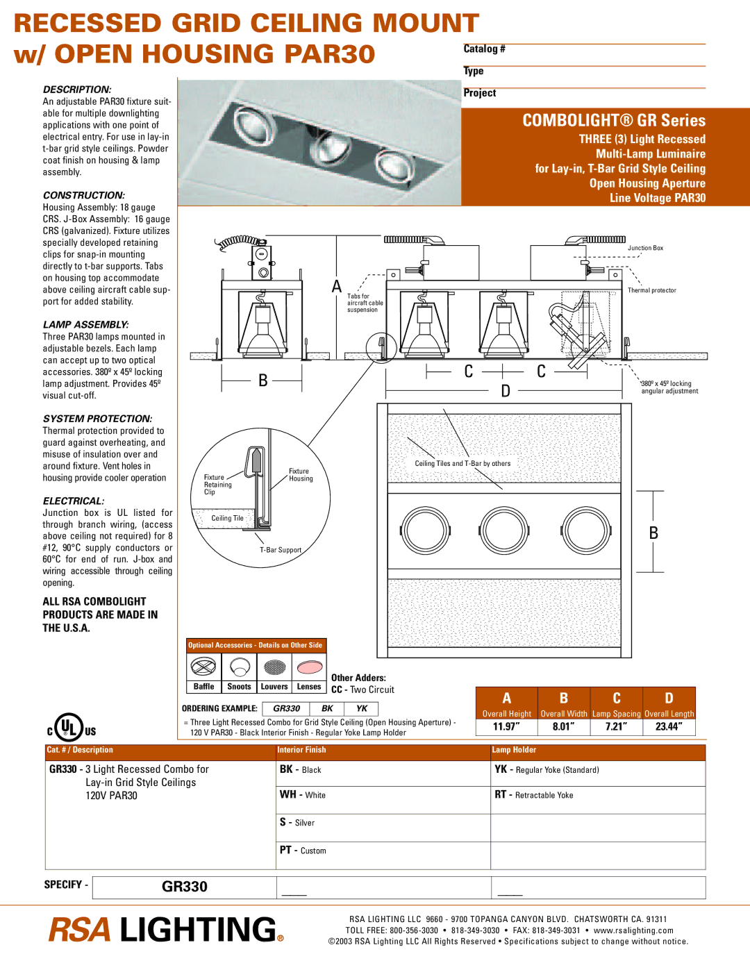 Cooper Lighting GR330 specifications Description, Construction, Lamp Assembly, Electrical 