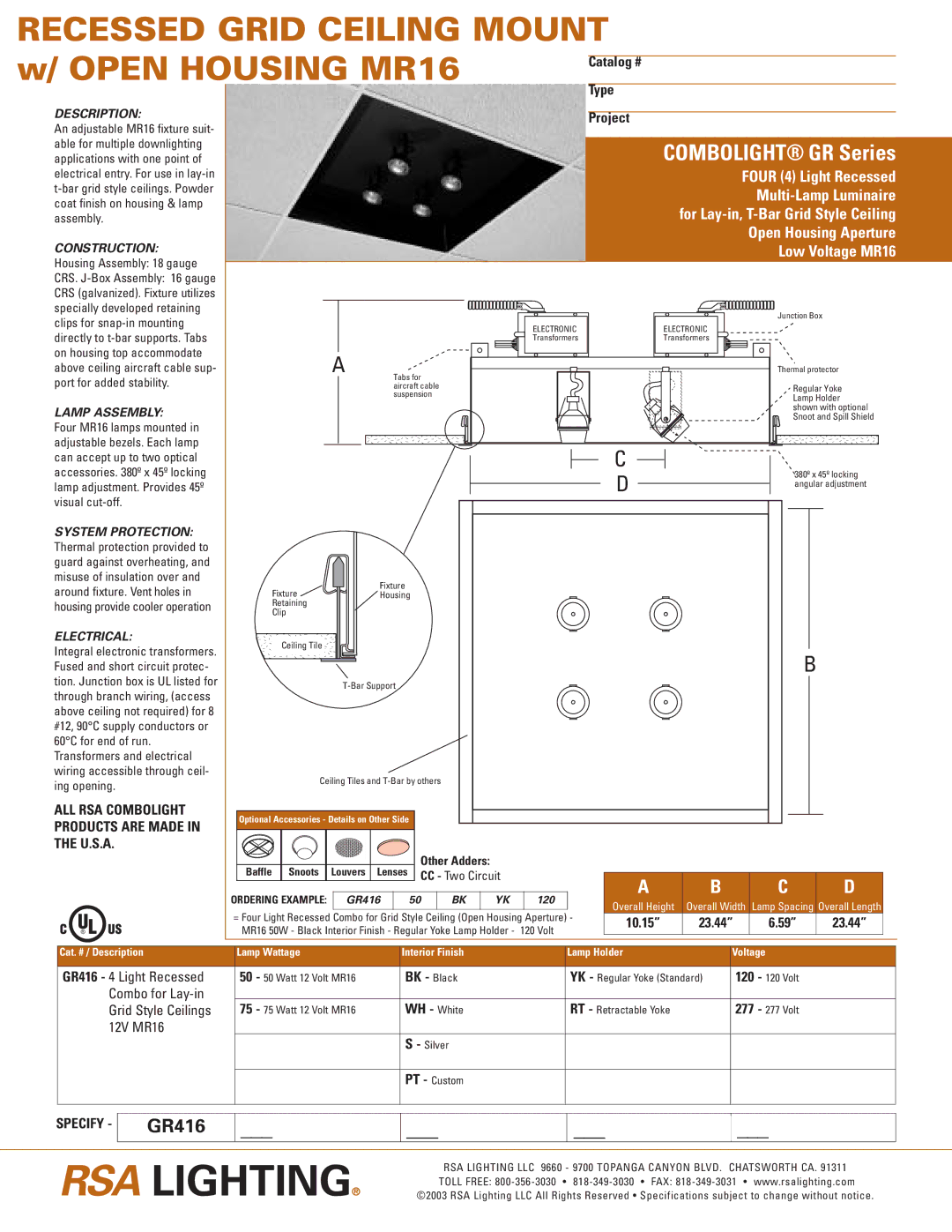 Cooper Lighting GR416 specifications Description, Construction, Lamp Assembly, Electrical 