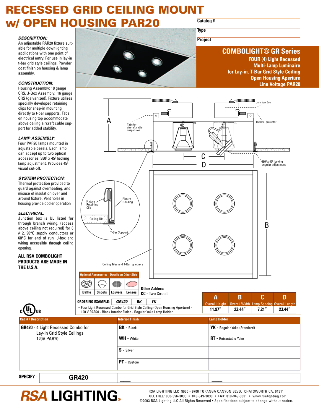 Cooper Lighting GR420 specifications Description, Construction, Lamp Assembly, Electrical 