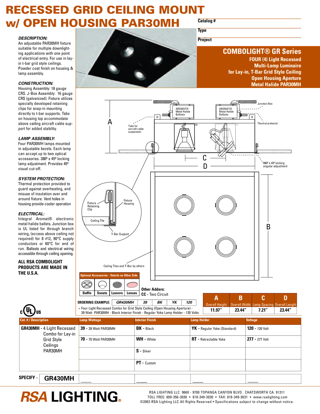 Cooper Lighting GR430MH specifications Description, Construction, Lamp Assembly, Electrical 