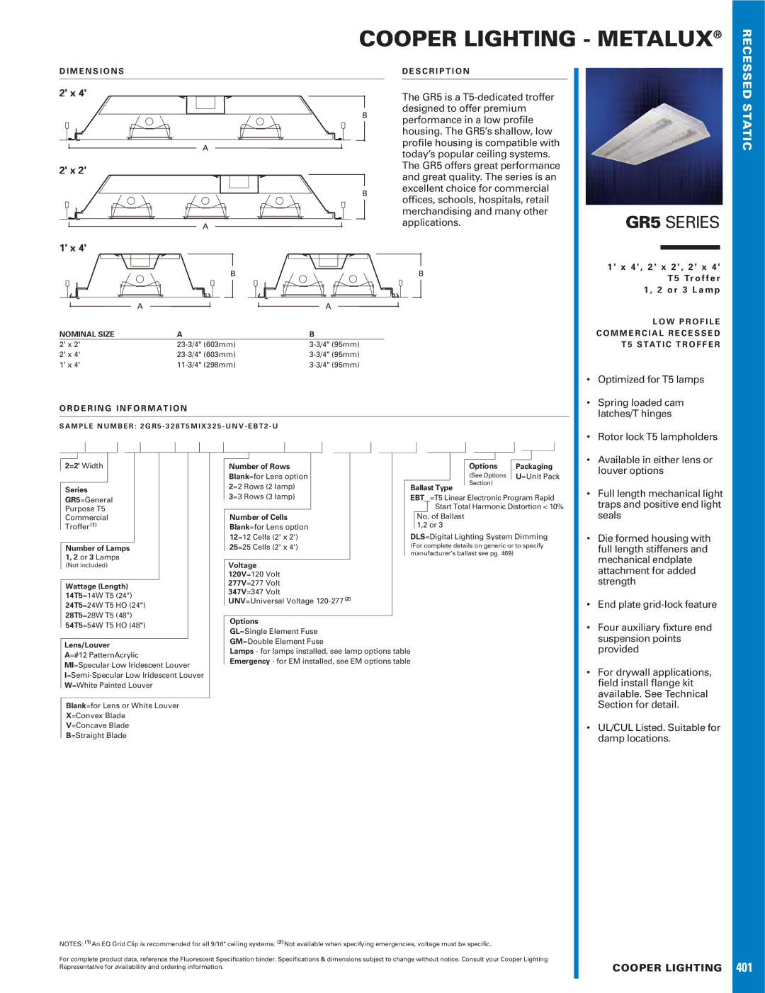 Cooper Lighting GR5 SERIES dimensions Cooper Lighting Metalux, GR5 Series, Static 