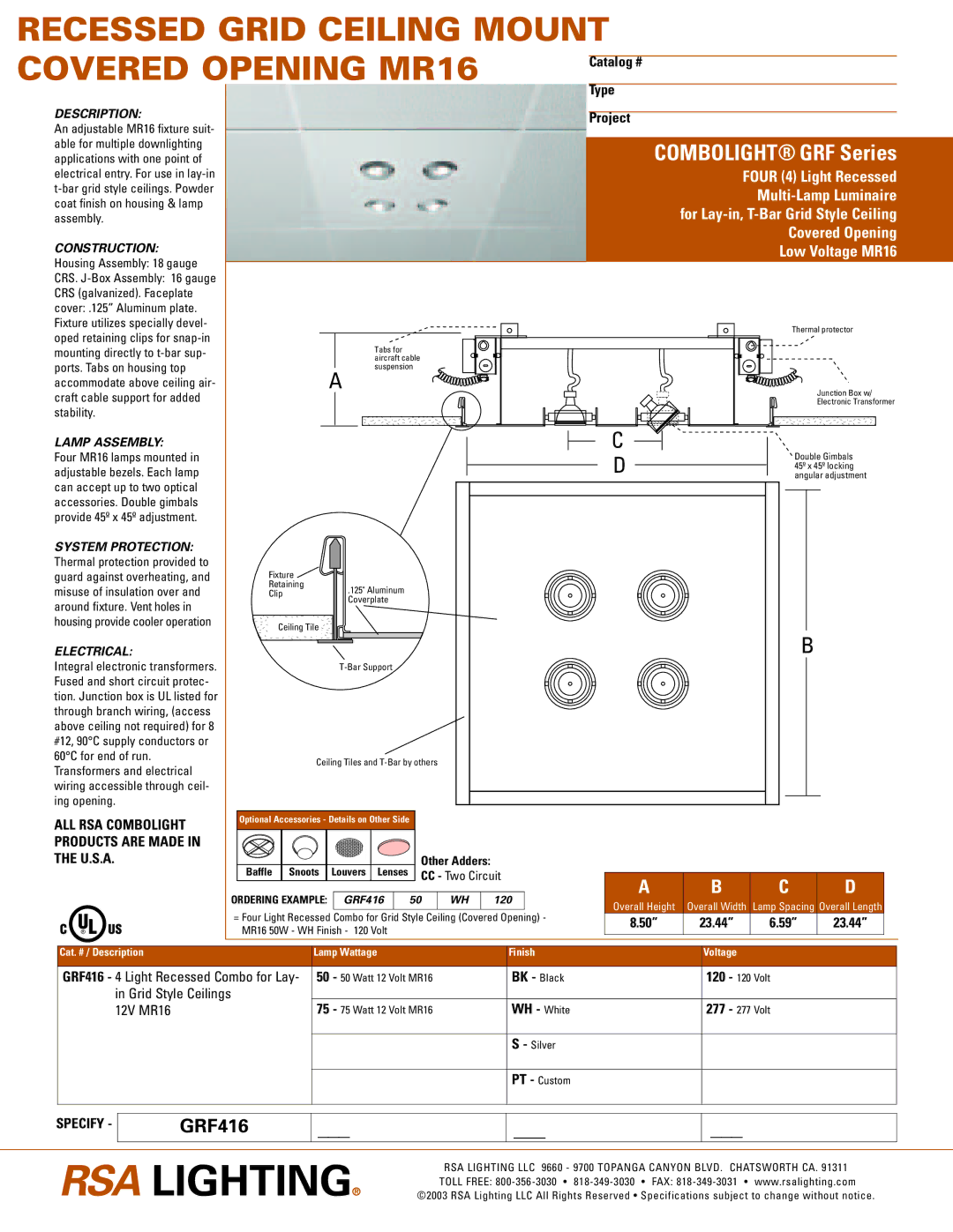 Cooper Lighting GRF416 specifications Recessed Grid Ceiling Mount Covered Opening MR16, Combolight GRF Series 