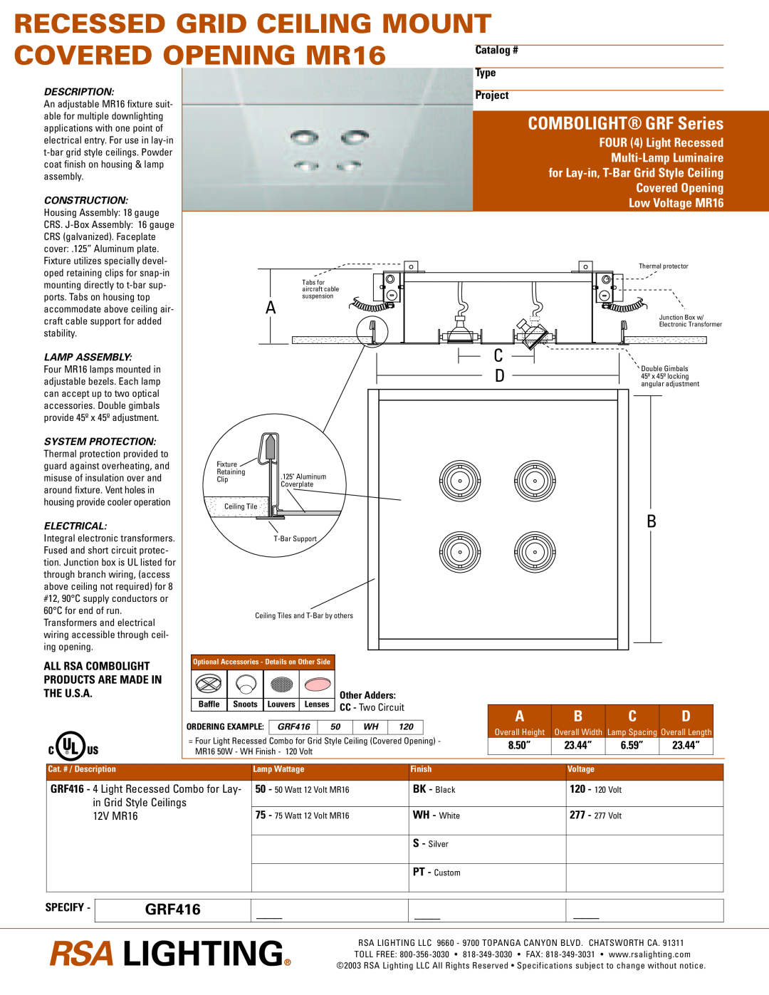 Cooper Lighting GRF416 specifications Recessed Grid Ceiling Mount, COVERED OPENING MR16, COMBOLIGHT GRF Series, Catalog # 