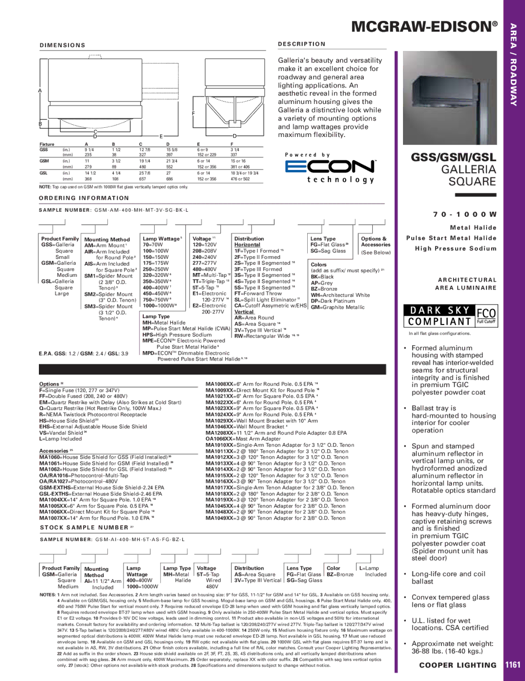 Cooper Lighting GSL, GSS, GSM, 1161 dimensions Area, Roadway 