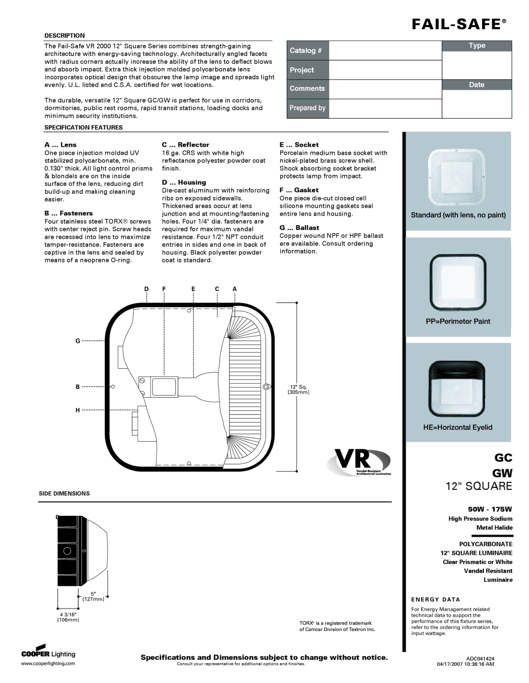 Cooper Lighting GW specifications Lens, Fasteners, Reflector, Housing, Socket, Gasket, Ballast 